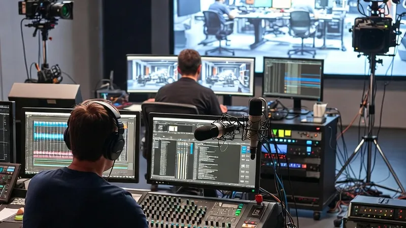 Sala de control de producción audiovisual con monitores y equipos profesionales
