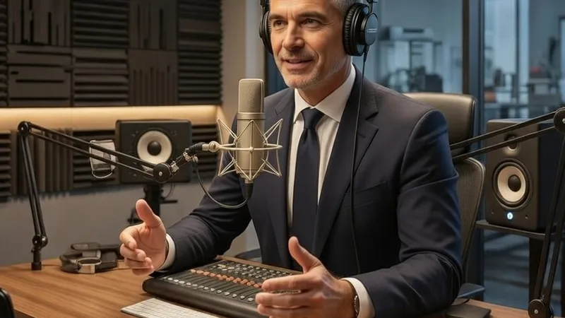 Profesional en estudio de podcast con micrófono y audífonos