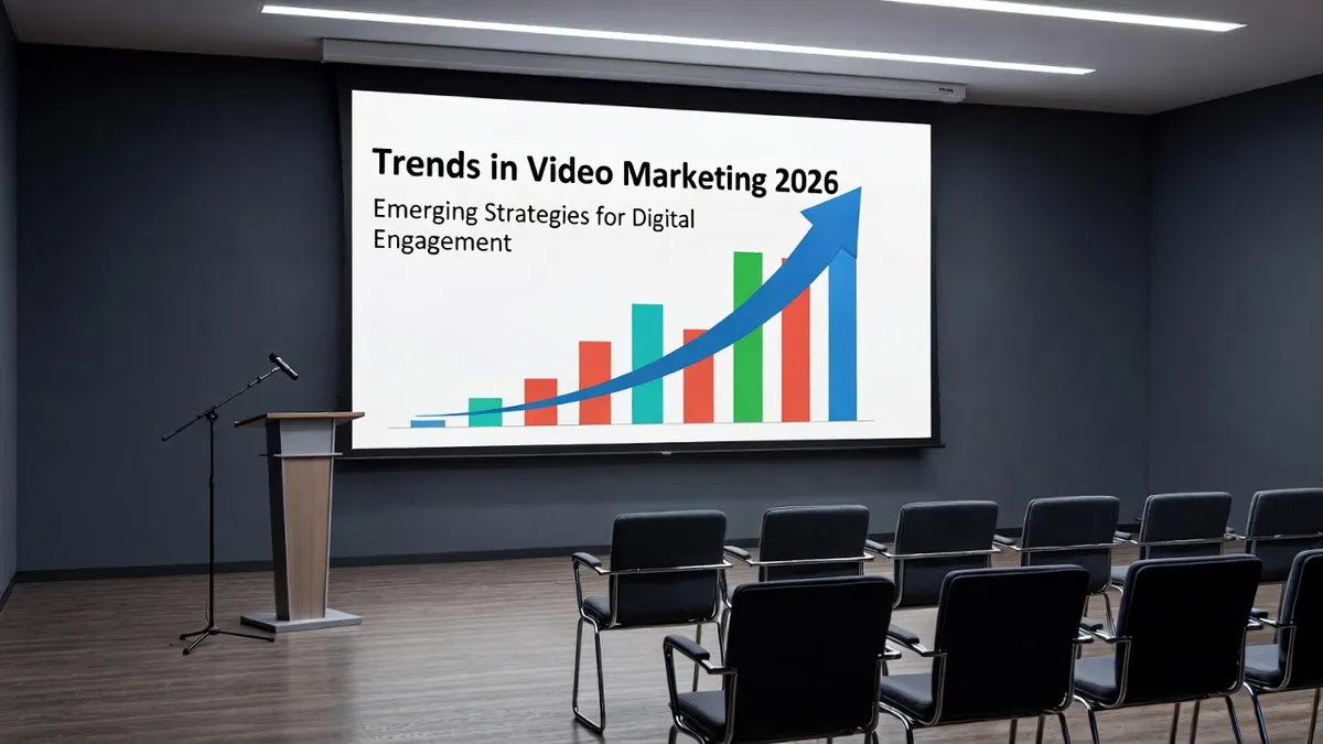 Sala de conferencias con presentación de tendencias en video marketing 2026: pantalla digital mostrando estrategias audiovisuales modernas